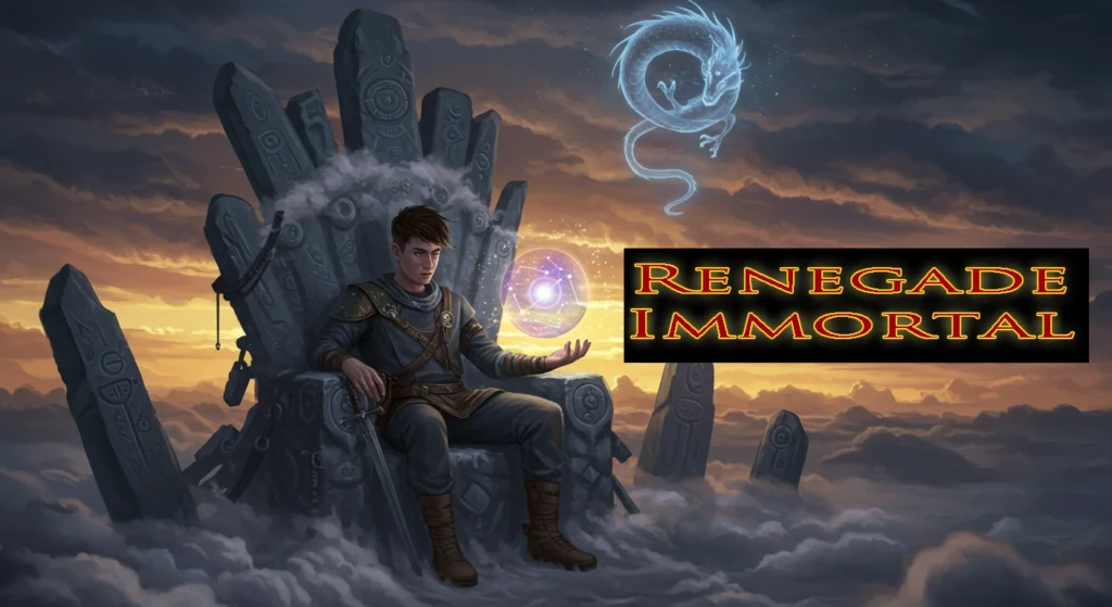 A dynamic illustration of a young man, Wang Lin, in front of a mystical realm, ready for his cultivation journey. This image serves as the featured image for the Renegade Immortal novel review.