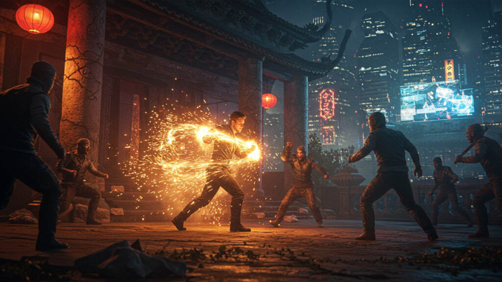 Urban fantasy wuxia action: David Chen fighting in ancient temple ruins with a modern city in the background.