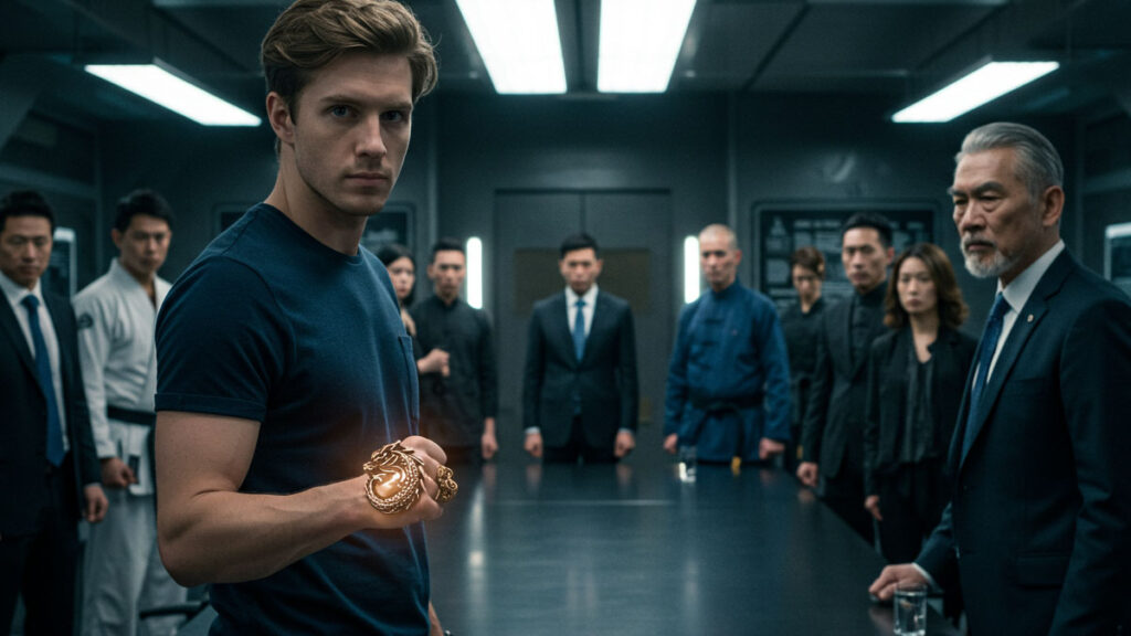 David Chen and his allies confronting an antagonist in a modern office.