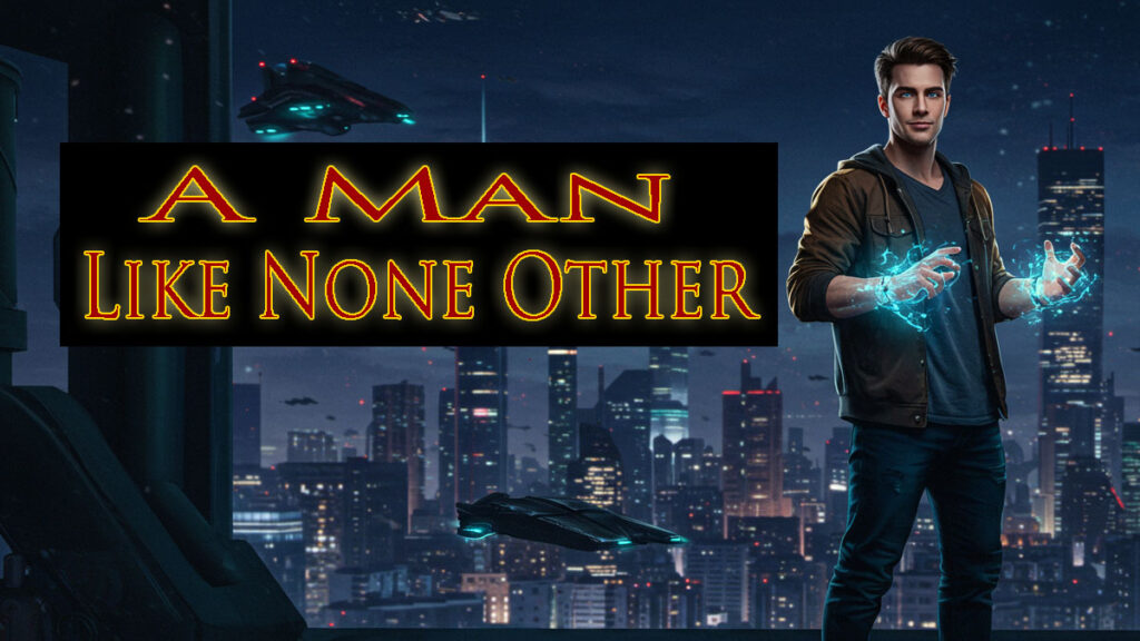 A powerful protagonist from the web novel A Man Like None Other standing on a rooftop overlooking a futuristic city at night, urban fantasy action.