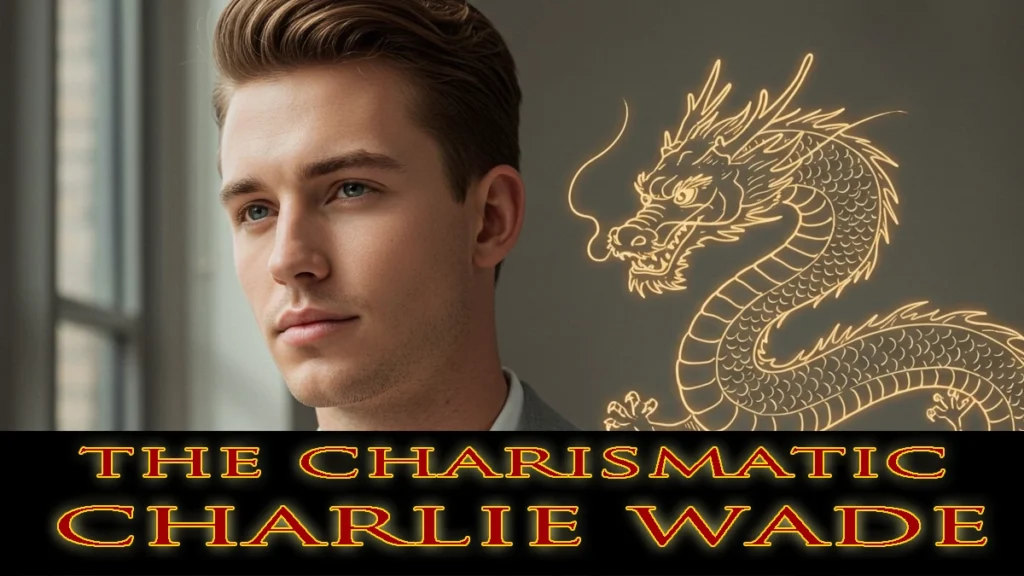 a realistic portrait of charlie wade, the charismatic main character of the novel, with a golden dragon aura