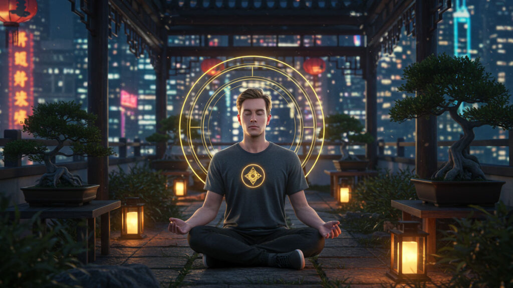 David Chen meditating with hidden powers in a secret rooftop garden above a skyscraper.