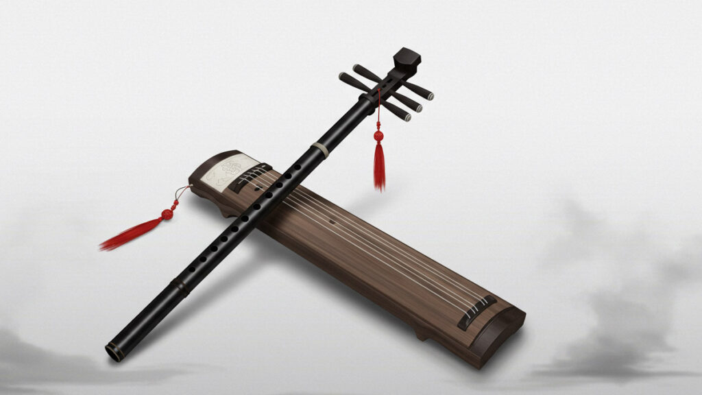 An illustration of the Chenqing flute and Wangji guqin from The Grandmaster of Demonic Cultivation.
