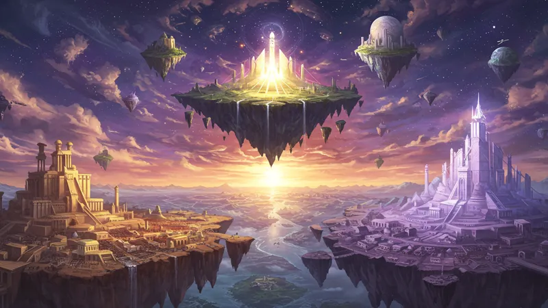 A detailed illustration of a vast, mystical world with multiple floating realms, representing the complex cultivation system in the Renegade Immortal novel.