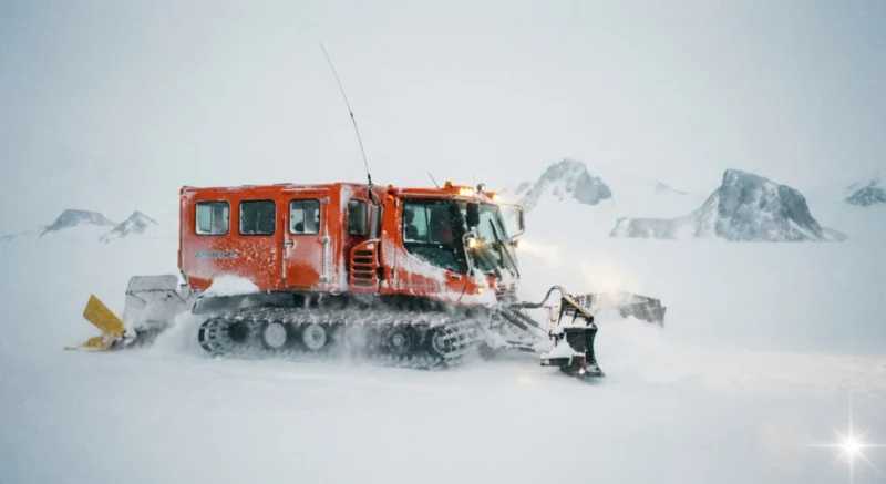Scientific expedition vehicle convoy braving a snowstorm heading to McMurdo Station