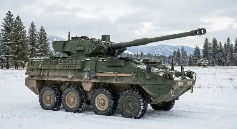 US military M1128 Stryker infantry combat vehicle preparing to ambush in Antarctica