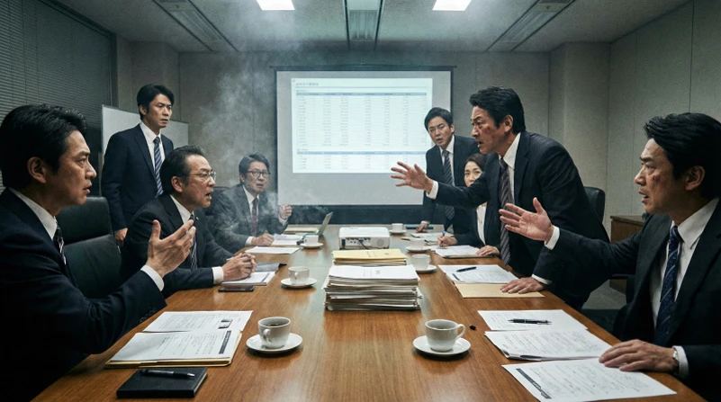 Illustration of Japanese ministry officials holding an emergency meeting to discuss issues surrounding the Antarctic expedition.