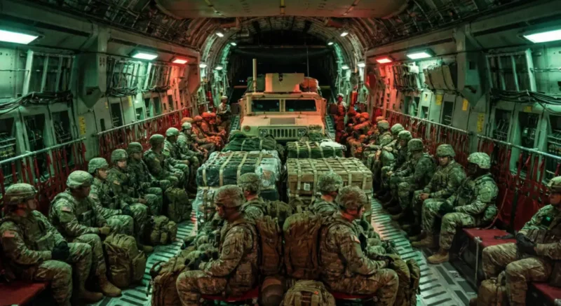 Tense atmosphere inside a US military transport plane with special forces