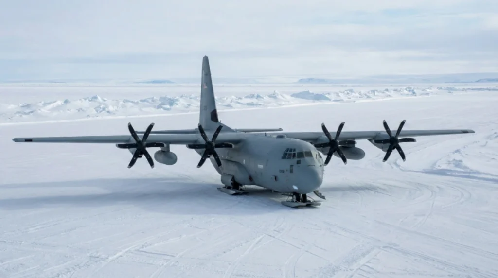 US military LC-130 Hercules transport aircraft landing on the Antarctic ice sheet