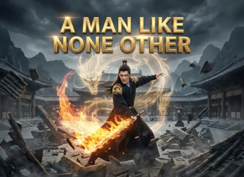 Cinematic 8K cover art for A Man Like None Other novel. Features the main character David (Chen Ping) in black hanfu robes holding a flaming sword with a golden dragon aura, standing in a destroyed palace.