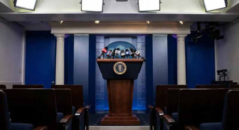 White House press room preparing for global press conference regarding Antarctic scandal